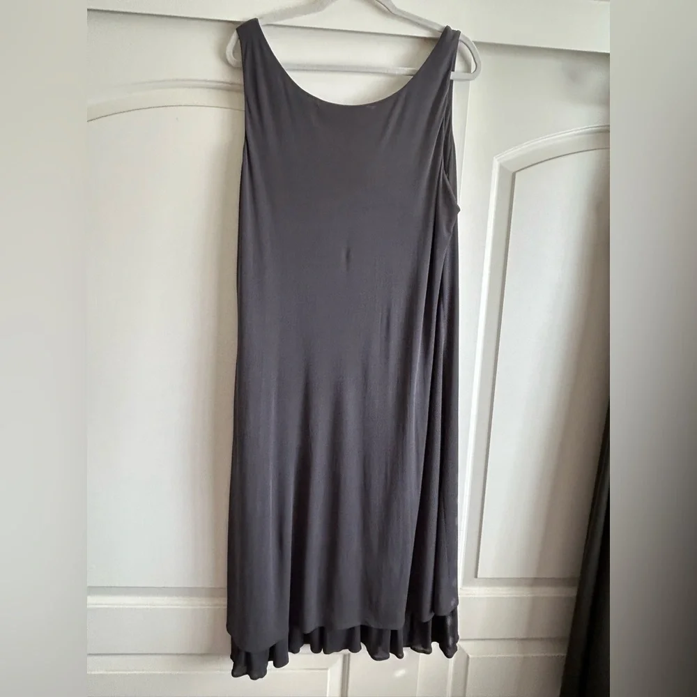 EILEEN FISHER Scoop-neck Stretch Silk Jersey Dark Gray Ruffled Dress Sz XL - Picture 2 of 9